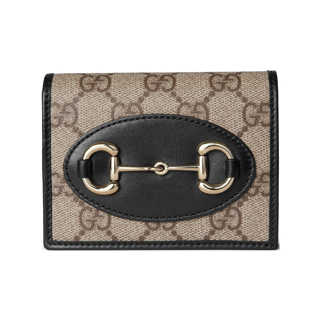 GUCCI Horsebit Women's Beige & Dark Brown GG Fabric Card Holder | 621887