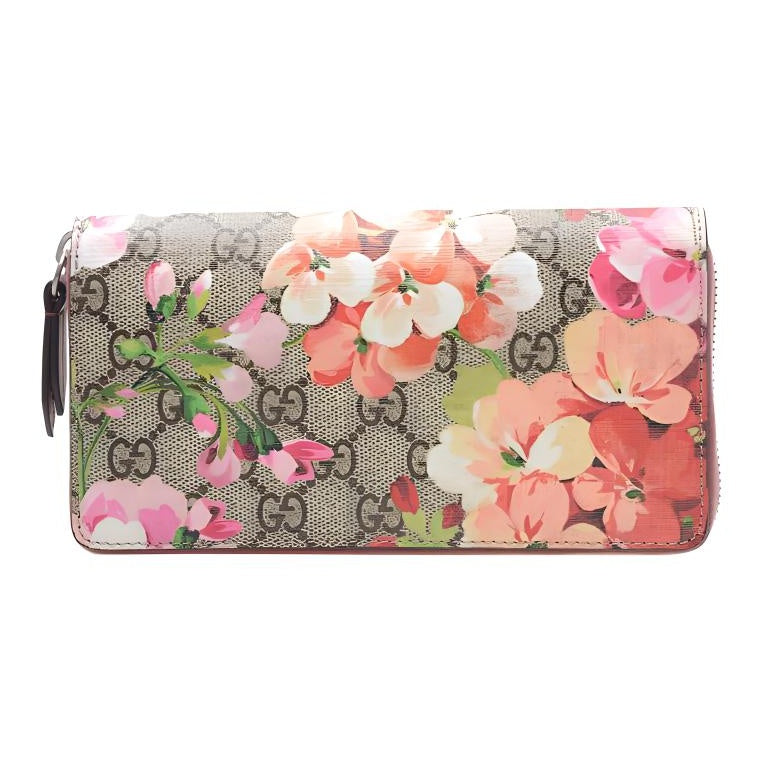 GUCCI Women's Ebony & Red Geranium Print Leather Long Zip Wallet | 404071