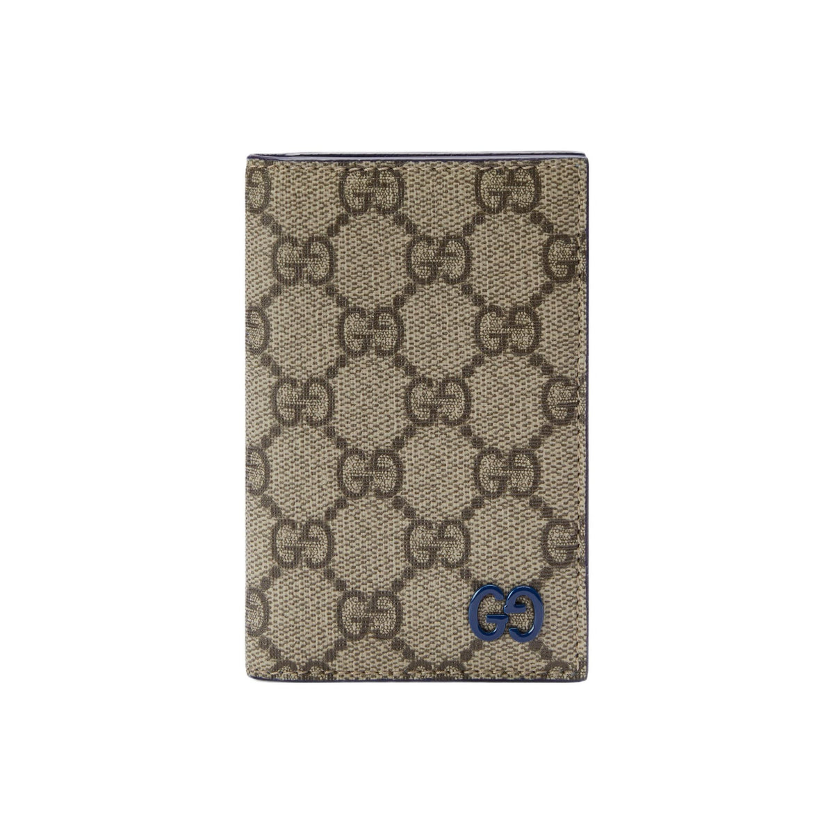GUCCI GG Supreme Men's Blue & Brown Canvas Flap Card Holder with Leather Trim | 768249