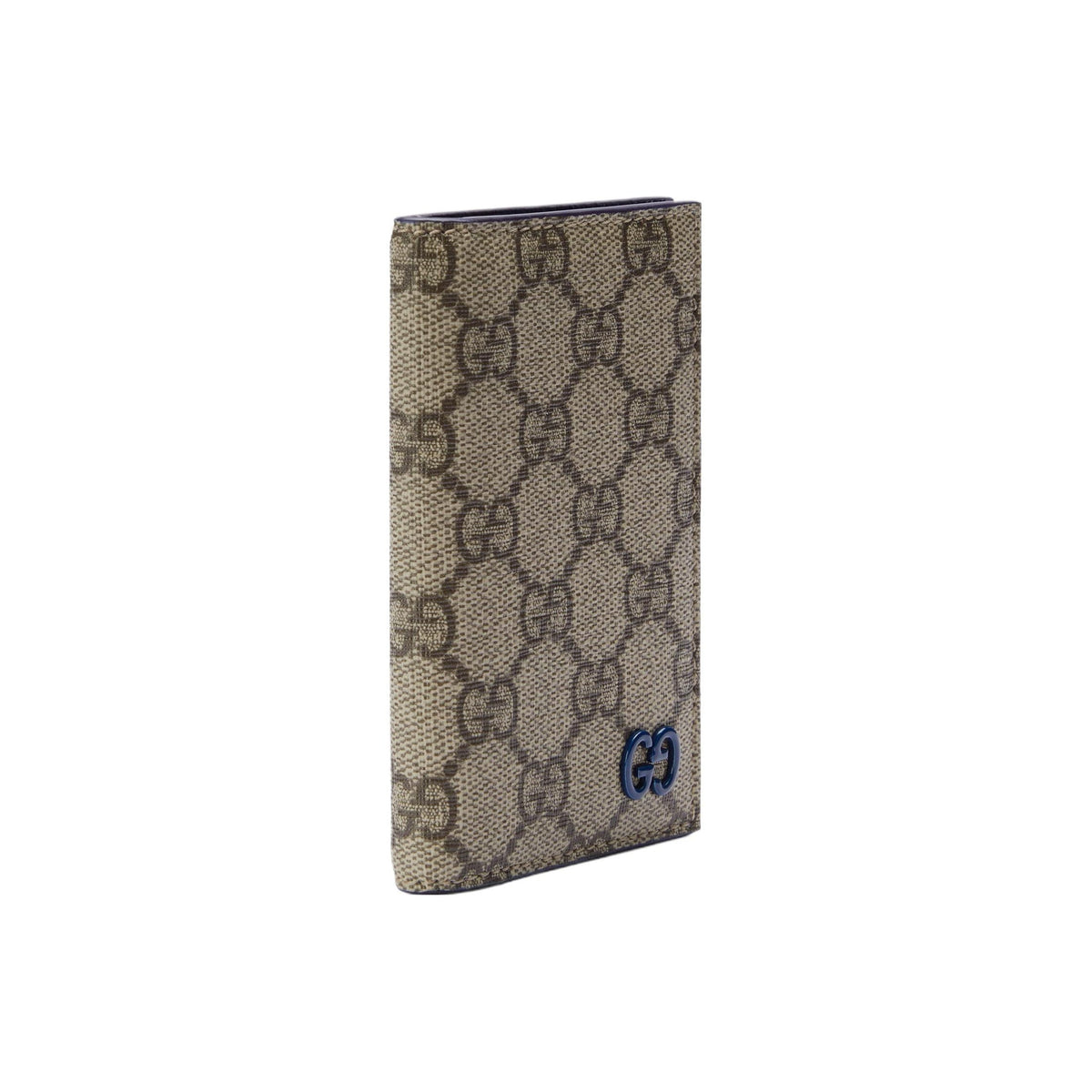 GUCCI GG Supreme Men's Blue & Brown Canvas Flap Card Holder with Leather Trim | 768249