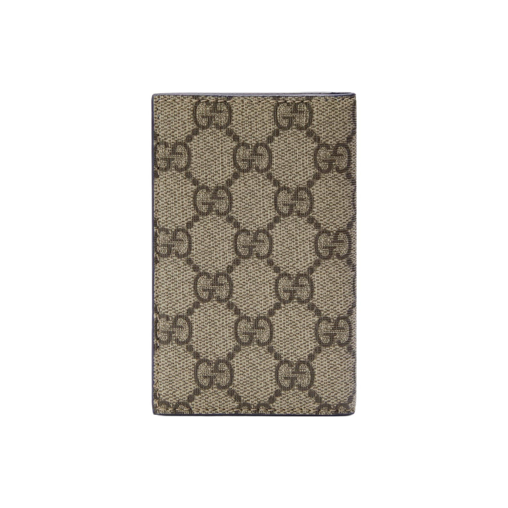 GUCCI GG Supreme Men's Blue & Brown Canvas Flap Card Holder with Leather Trim | 768249