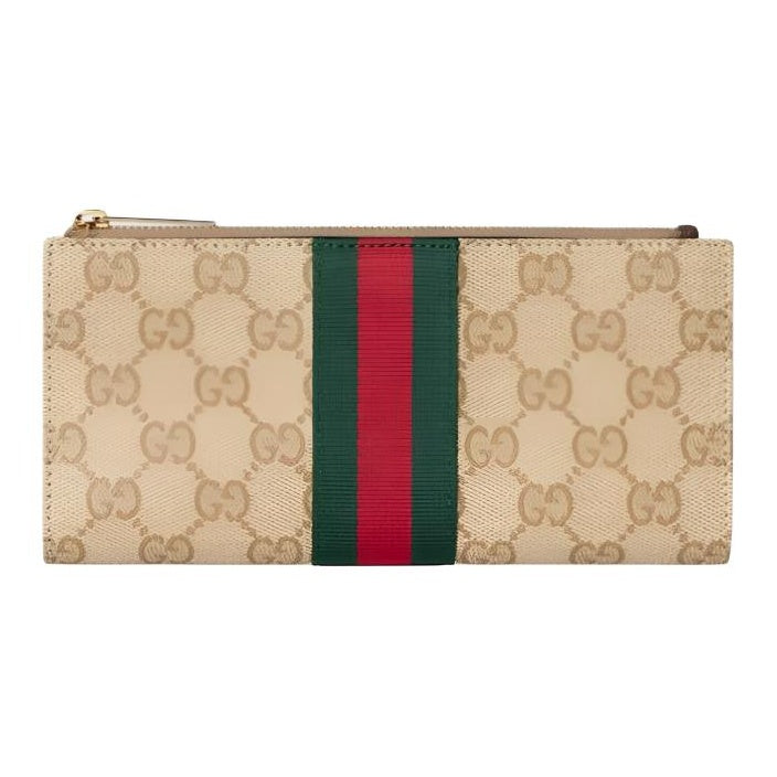 GUCCI Women's Sand Coated Canvas Long Zip Wallet with Web Detail | 876047