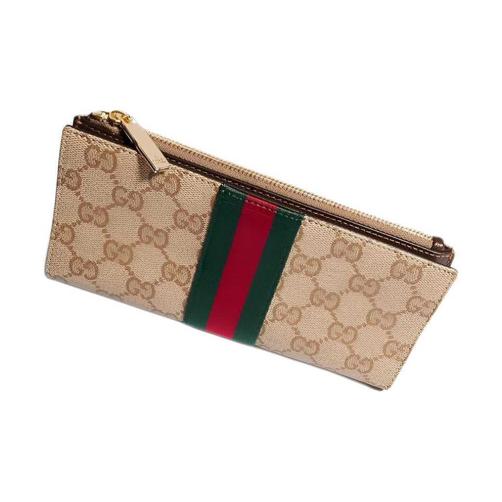 GUCCI Women's Sand Coated Canvas Long Zip Wallet with Web Detail | 876047