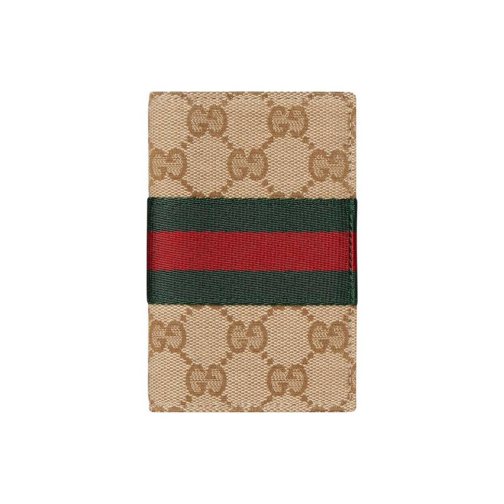 GUCCI Men's Sand & Dark Brown GG Canvas Card Holder with Web Detail | 867346