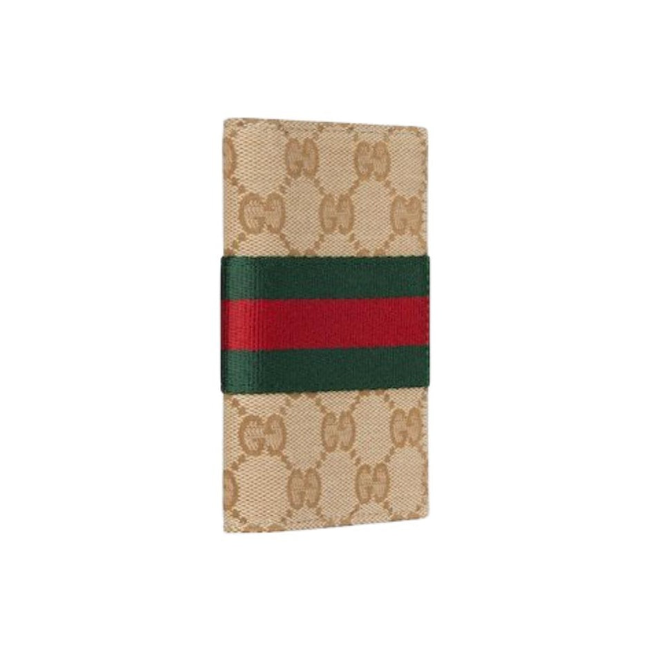 GUCCI Men's Sand & Dark Brown GG Canvas Card Holder with Web Detail | 867346