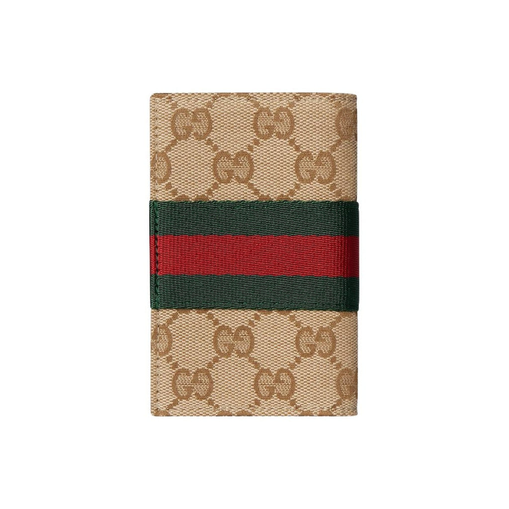 GUCCI Men's Sand & Dark Brown GG Canvas Card Holder with Web Detail | 867346