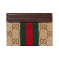 GUCCI Men's Khaki & Brown GG Canvas Card Holder with Stripe Detail | 867384
