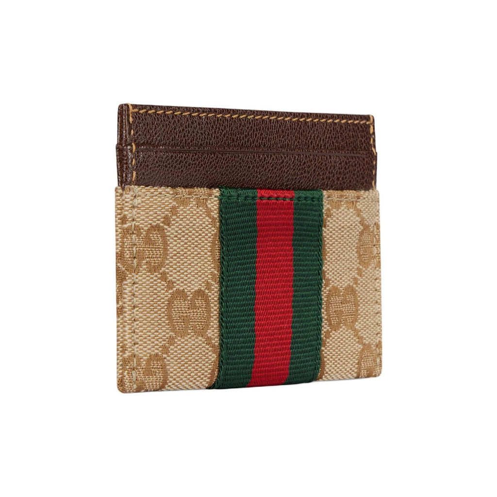 GUCCI Men's Khaki & Brown GG Canvas Card Holder with Stripe Detail | 867384