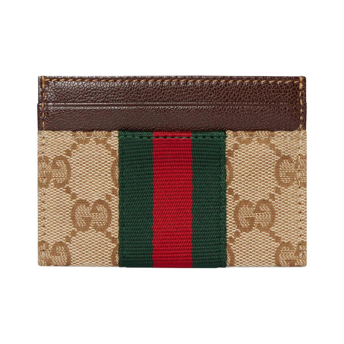 GUCCI Men's Khaki & Brown GG Canvas Card Holder with Stripe Detail | 867384