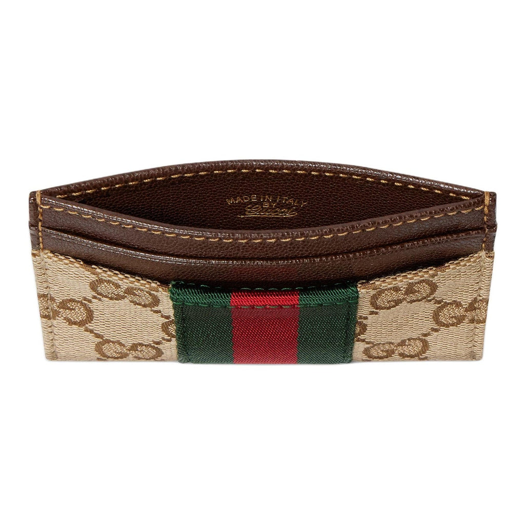 GUCCI Men's Khaki & Brown GG Canvas Card Holder with Stripe Detail | 867384