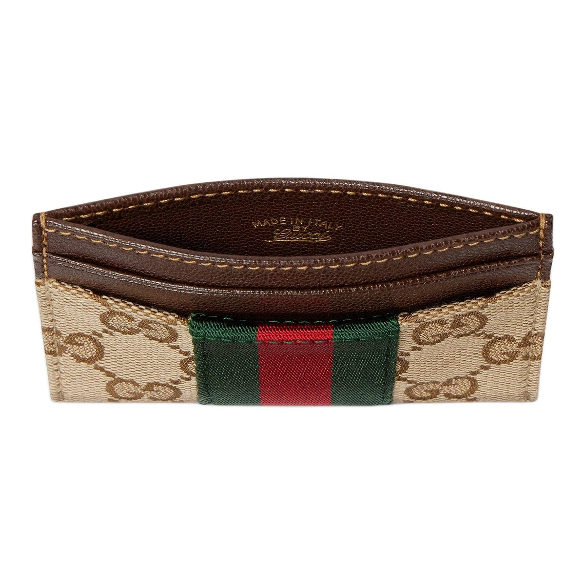 GUCCI Men's Khaki & Brown GG Canvas Card Holder with Stripe Detail | 867384