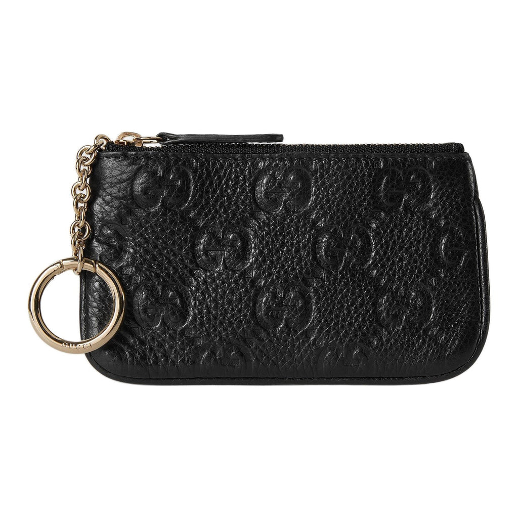 GUCCI GG Emblem Unisex Black Grained Leather Zip Key Pouch | 815891
