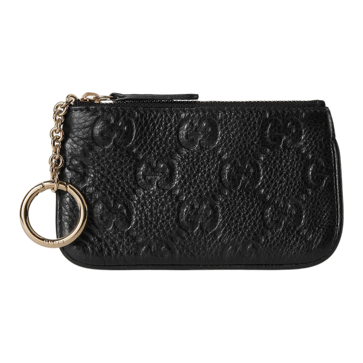 GUCCI GG Emblem Unisex Black Grained Leather Zip Key Pouch | 815891