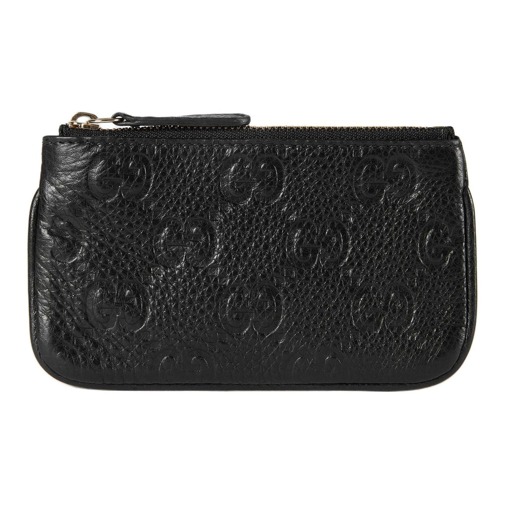 GUCCI GG Emblem Unisex Black Grained Leather Zip Key Pouch | 815891
