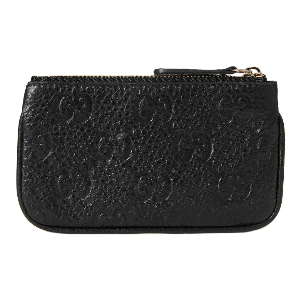 GUCCI GG Emblem Unisex Black Grained Leather Zip Key Pouch | 815891