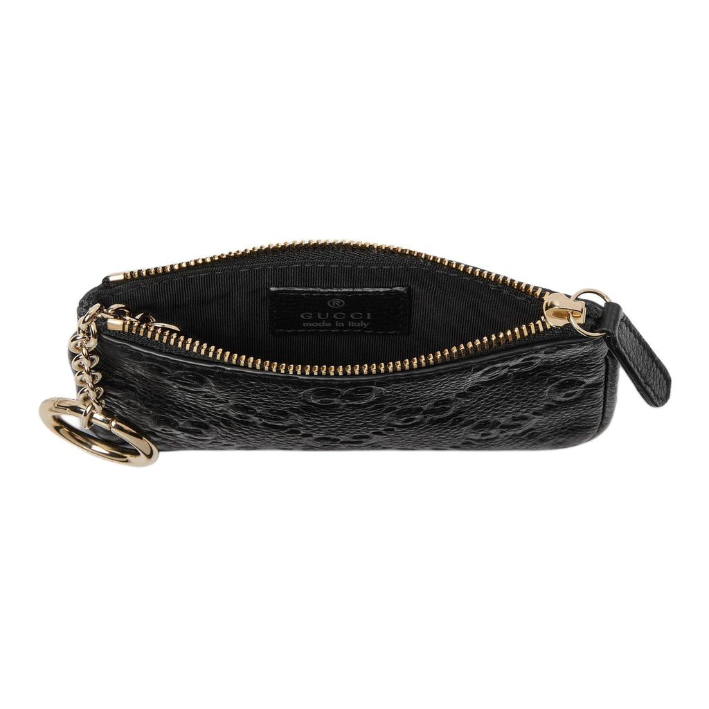 GUCCI GG Emblem Unisex Black Grained Leather Zip Key Pouch | 815891