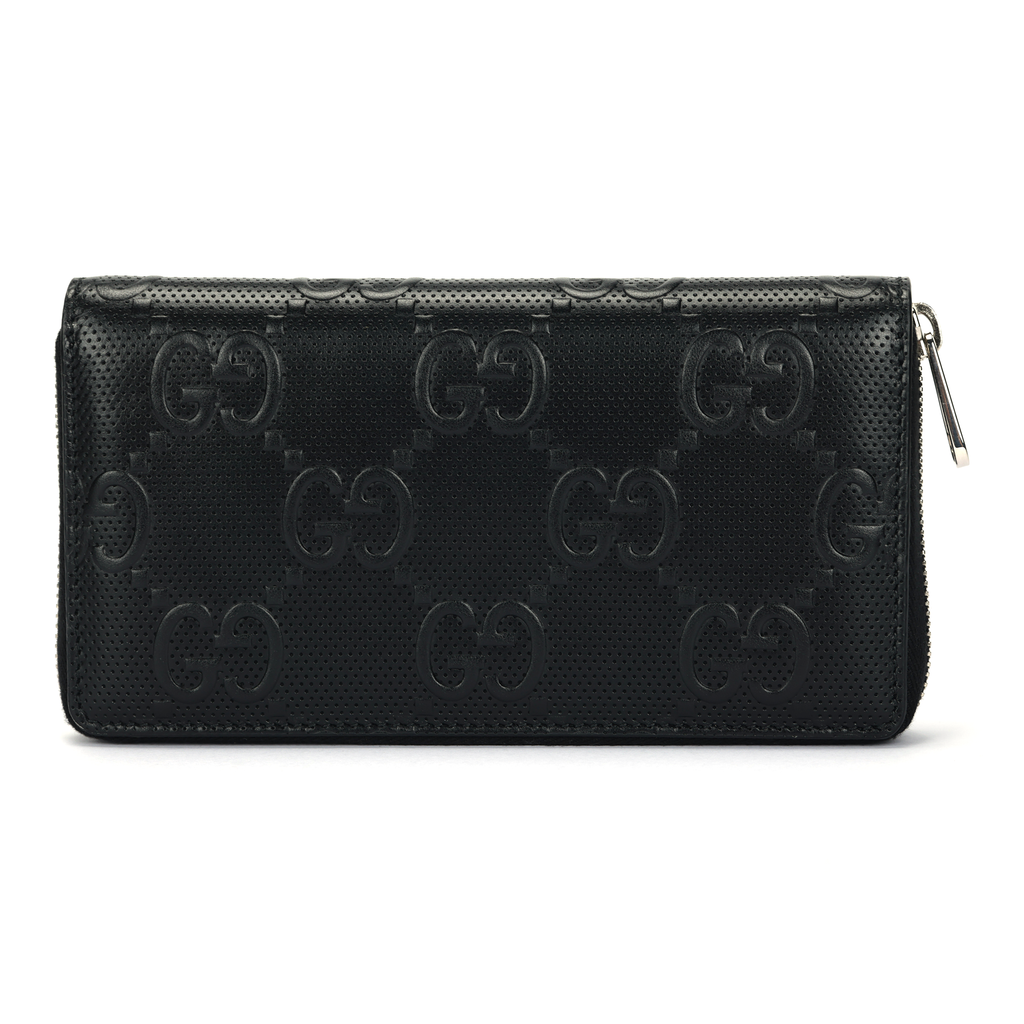GUCCI Unisex Black Leather Embossed Monogram Long Zip Wallet | 625558