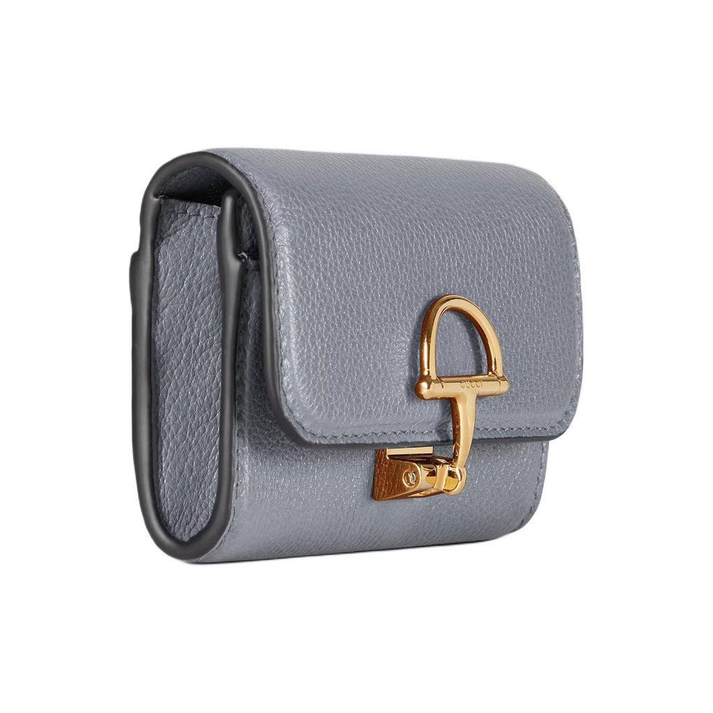 GUCCI Women's Gray Leather Card Holder with Gold-Tone Hardware | 828148