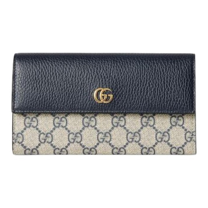 GUCCI GG Marmont Women's Beige & Blue Canvas & Leather Long Snap Wallet | 456116