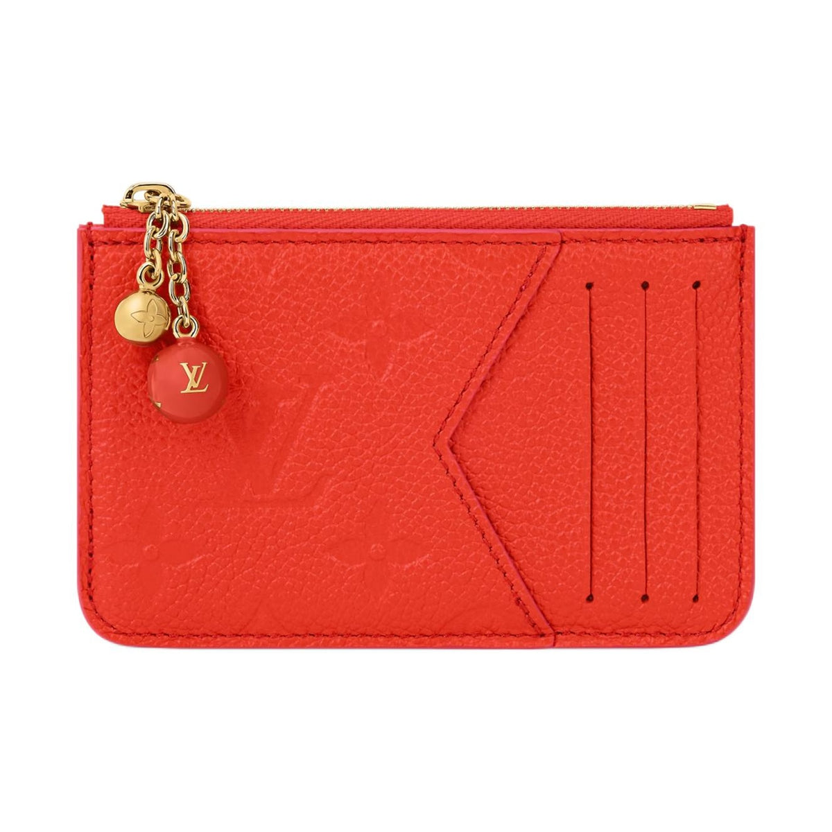 LOUIS VUITTON Romy Cowhide Leather Card Holder with Enamel Metal Sphere Charm - Blood Orange - M28984